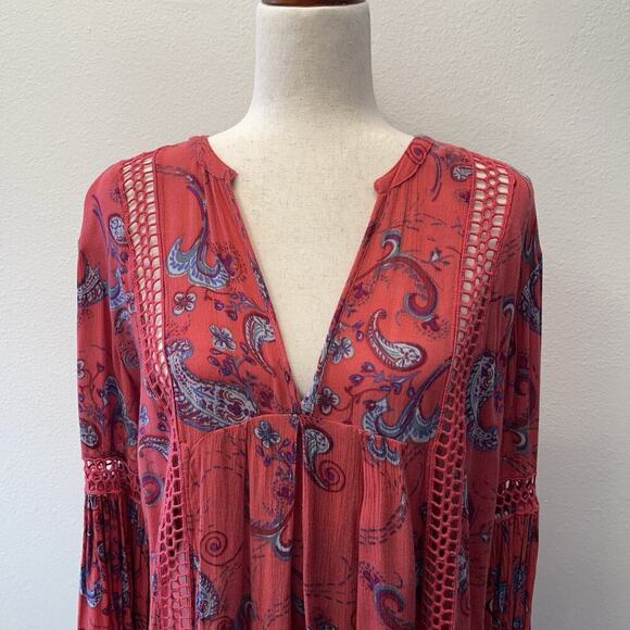 Free People Tunic Top Womens Size M Red Paisley Print Just The Two Of Us Western - Picture 2 of 9
